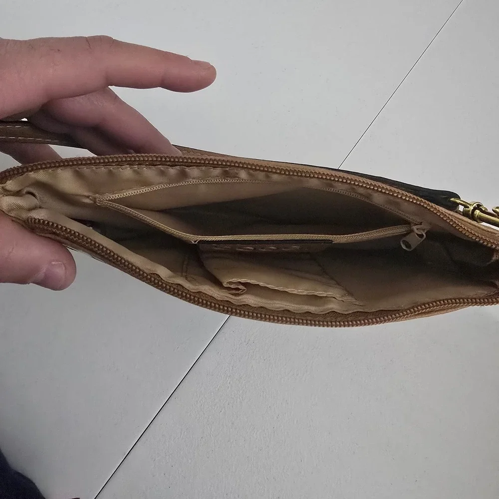 Coogi Womens Brown Embossed Monogram Wristlet Clutch Gold Hardware Studded Bag